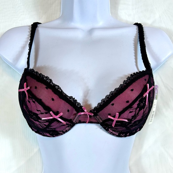 NWT Pink and Black Lace Bra and Thong Panties Set 34B - Picture 2 of 7